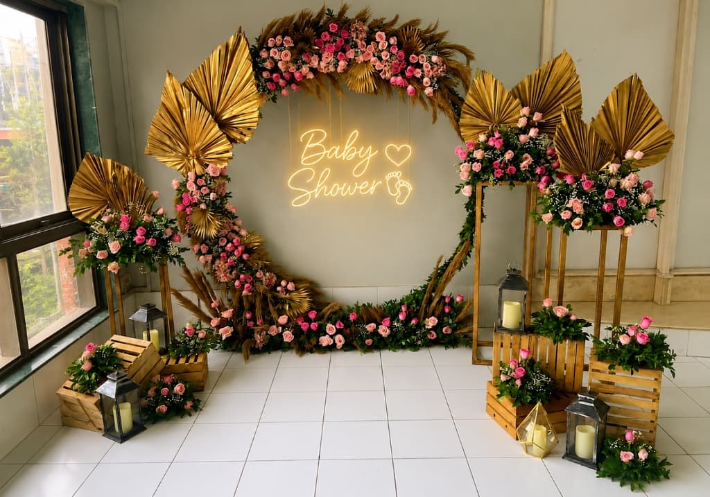 'Baby Shower' neon light ring arch with gold palm leaves and pink roses